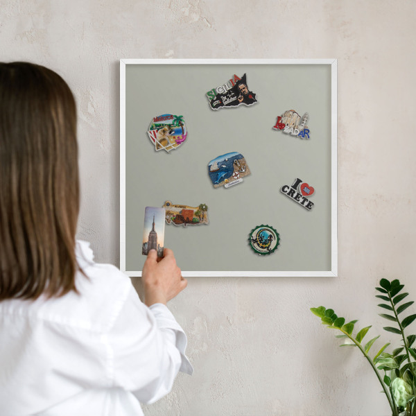Magnetic board for travel magnets in a white frame Neutral gray