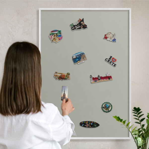 Magnetic board for travel magnets in a white frame Neutral gray