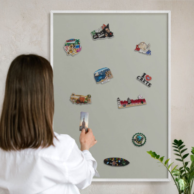 Magnetic board for travel magnets in a white frame Neutral gray
