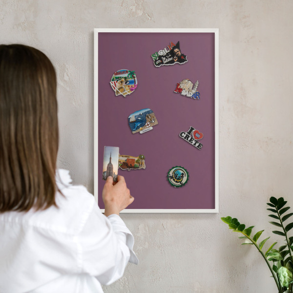 Magnetic board for travel magnets in a white frame Purple color