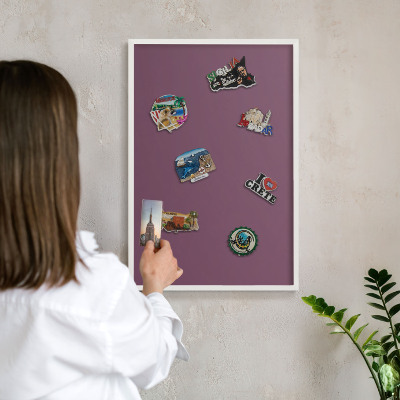 Magnetic board for travel magnets in a white frame Purple color