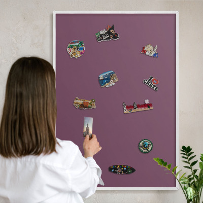 Magnetic board for travel magnets in a white frame Purple color