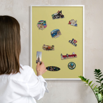 Magnetic board for travel magnets in a white frame Light mustard