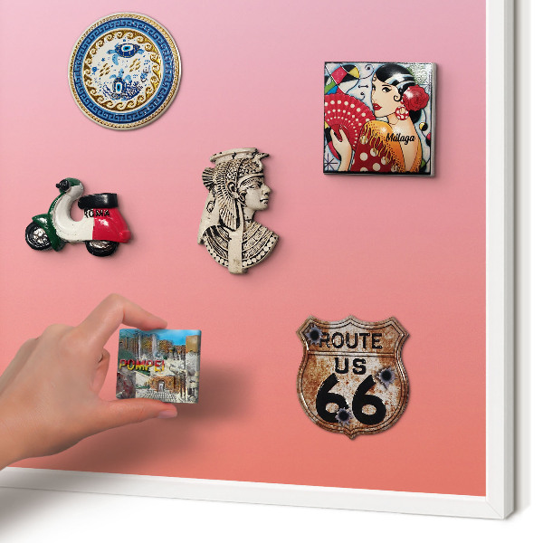 Magnetic board for travel magnets in a white frame Pink orange