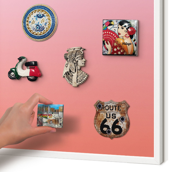 Magnetic board for travel magnets in a white frame Pink orange