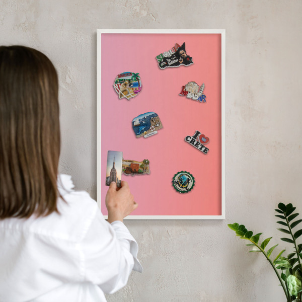 Magnetic board for travel magnets in a white frame Pink orange