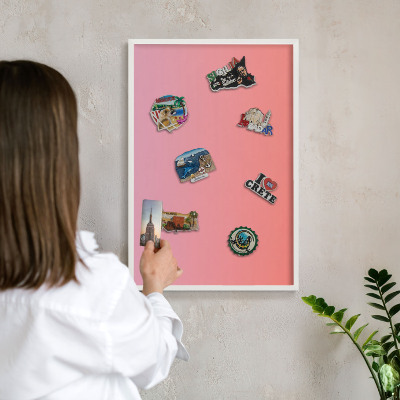 Magnetic board for travel magnets in a white frame Pink orange