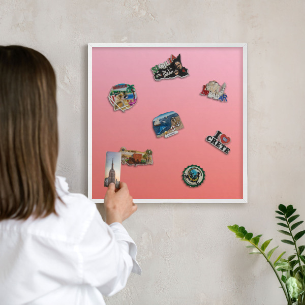 Magnetic board for travel magnets in a white frame Pink orange