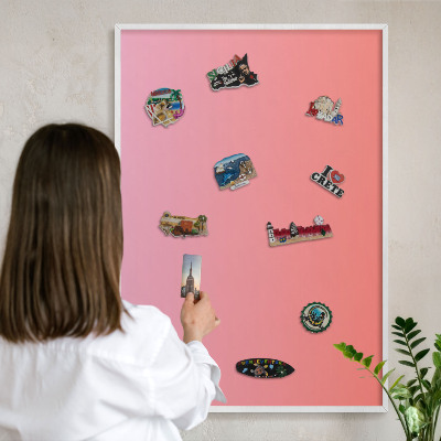 Magnetic board for travel magnets in a white frame Pink orange