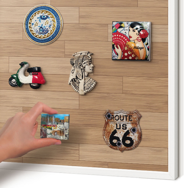Magnetic board for travel magnets in a white frame Wooden pattern