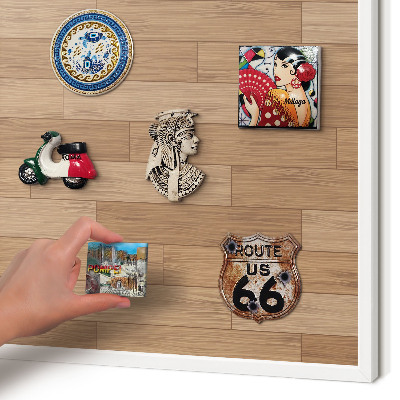 Magnetic board for travel magnets in a white frame Wooden pattern