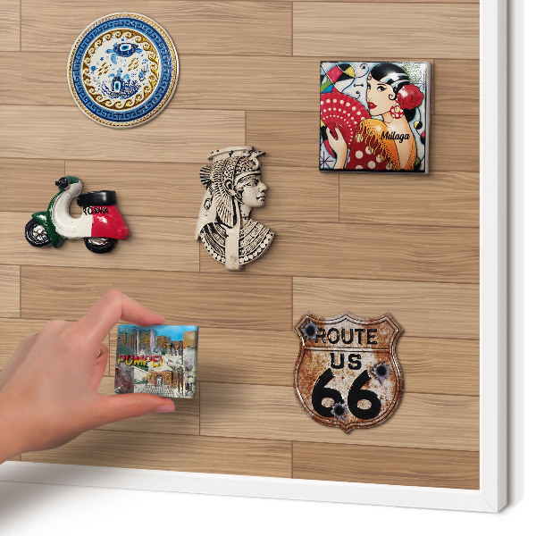Magnetic board for travel magnets in a white frame Wooden pattern