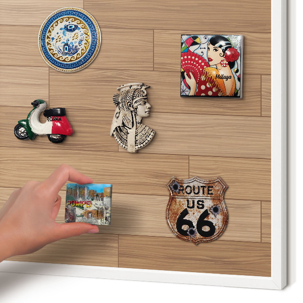 Magnetic board for travel magnets in a white frame Wooden pattern