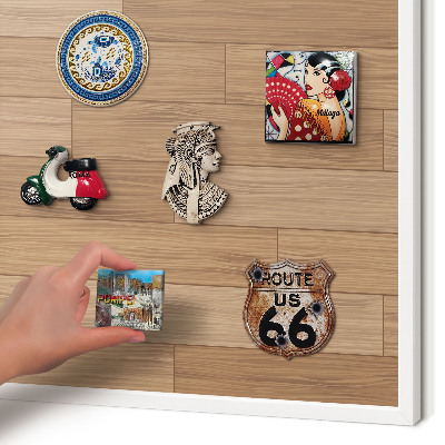 Magnetic board for travel magnets in a white frame Wooden pattern