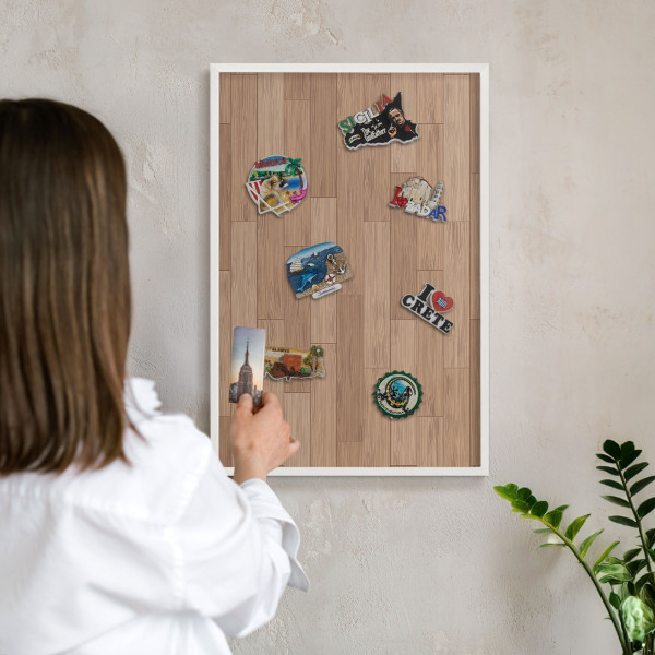 Magnetic board for travel magnets in a white frame Wooden pattern