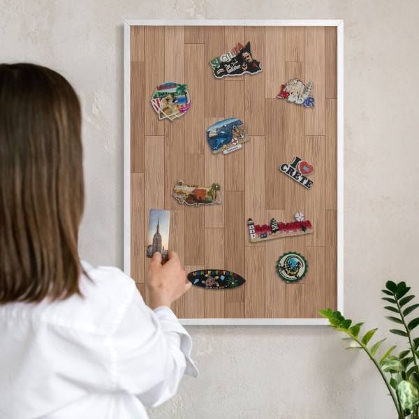 Magnetic board for travel magnets in a white frame Wooden pattern