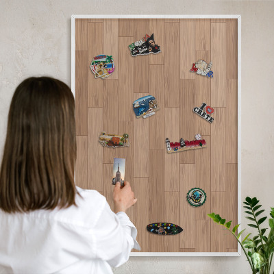 Magnetic board for travel magnets in a white frame Wooden pattern