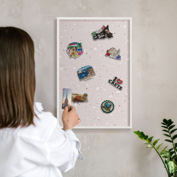 Magnetic board for travel magnets in a white frame Modern terrazzo