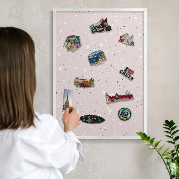 Magnetic board for travel magnets in a white frame Modern terrazzo