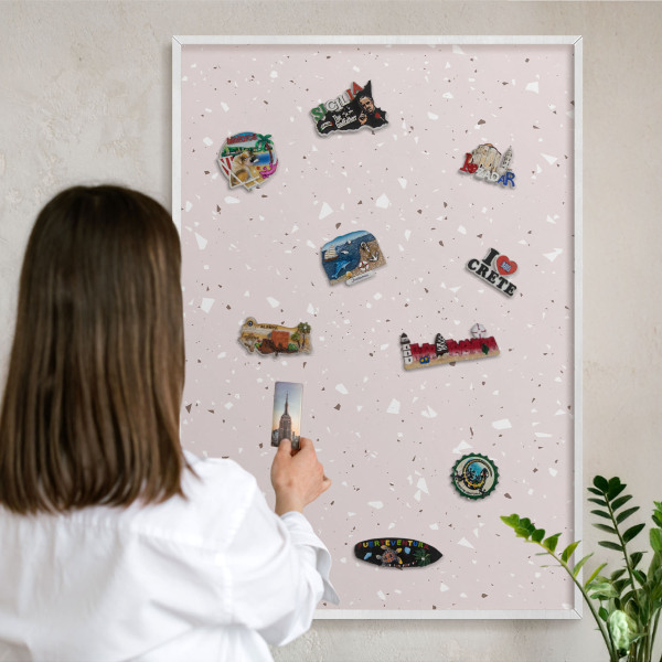 Magnetic board for travel magnets in a white frame Modern terrazzo