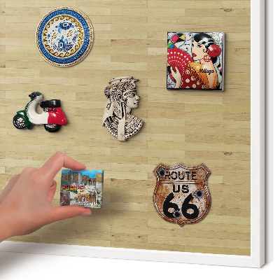 Magnetic board for travel magnets in a white frame Wooden texture