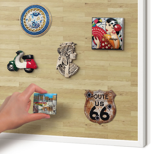 Magnetic board for travel magnets in a white frame Wooden texture
