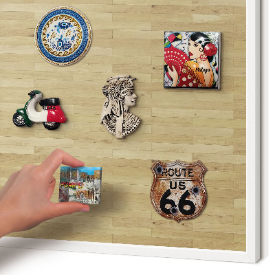 Magnetic board for travel magnets in a white frame Wooden texture