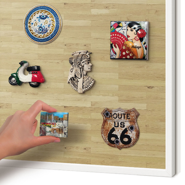 Magnetic board for travel magnets in a white frame Wooden texture