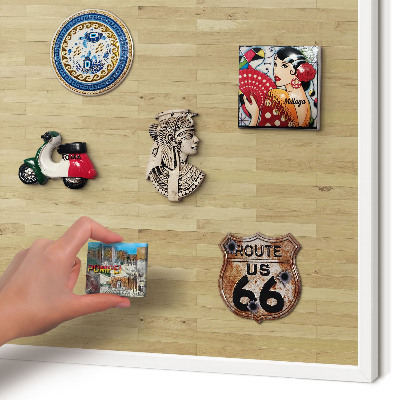 Magnetic board for travel magnets in a white frame Wooden texture