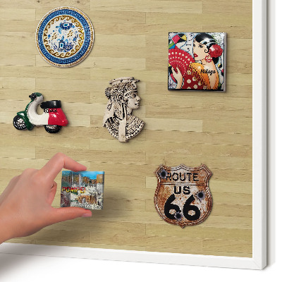 Magnetic board for travel magnets in a white frame Wooden texture