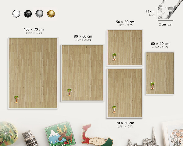 Magnetic board for travel magnets in a white frame Wooden texture