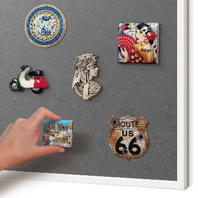 Magnetic board for travel magnets in a white frame Gray texture