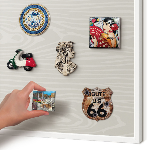 Magnetic board for travel magnets in a white frame Wooden structure