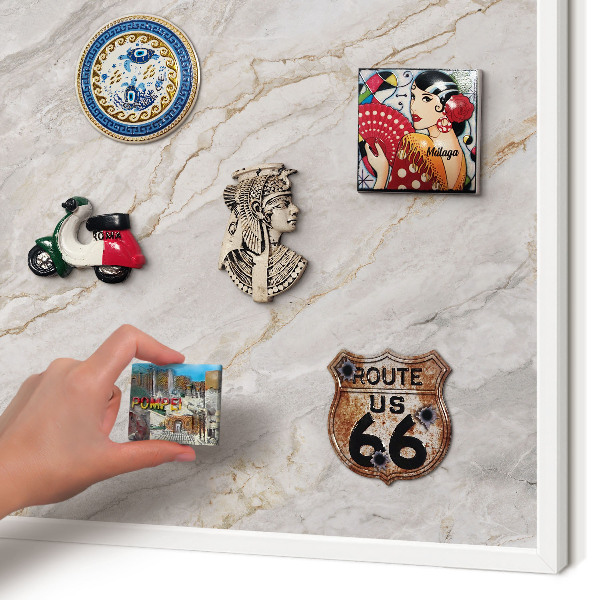 Magnetic board for travel magnets in a white frame Marble elegance