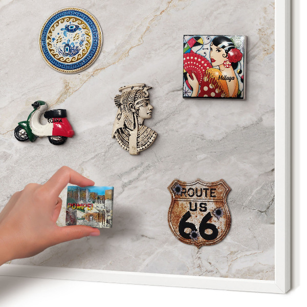 Magnetic board for travel magnets in a white frame Marble elegance