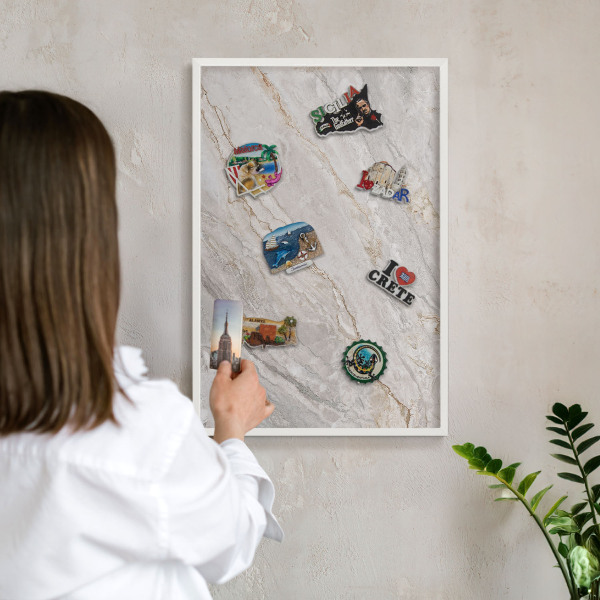 Magnetic board for travel magnets in a white frame Marble elegance