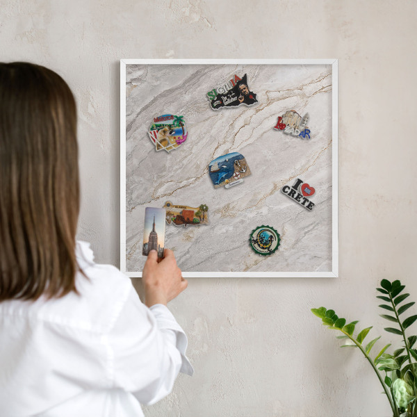Magnetic board for travel magnets in a white frame Marble elegance