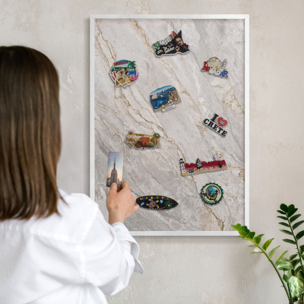 Magnetic board for travel magnets in a white frame Marble elegance