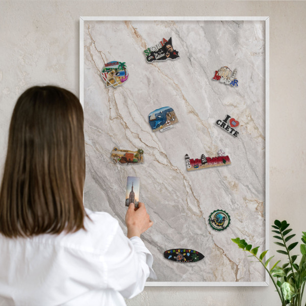 Magnetic board for travel magnets in a white frame Marble elegance