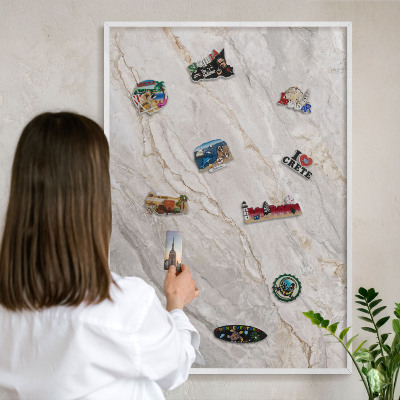 Magnetic board for travel magnets in a white frame Marble elegance