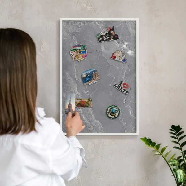 Decorative magnet board with a white frame Gray marble