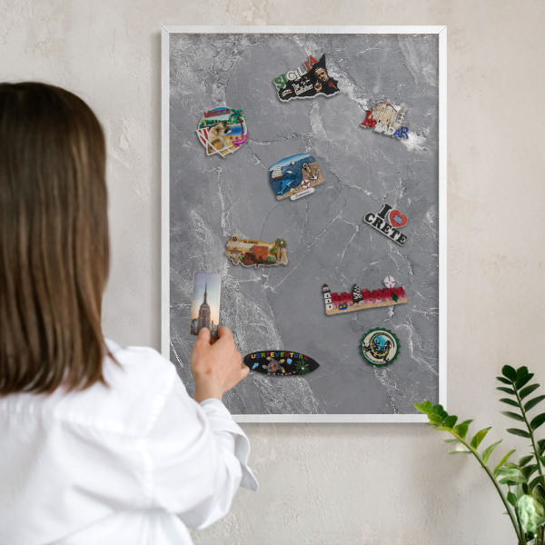 Decorative magnet board with a white frame Gray marble