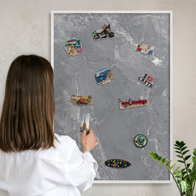 Decorative magnet board with a white frame Gray marble