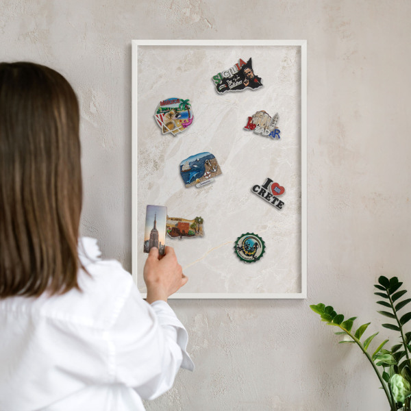 Magnetic board for travel magnets in a white frame Creamy elegance