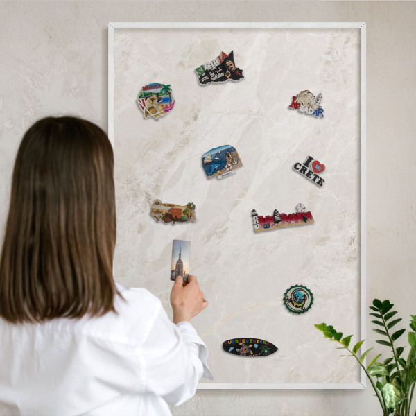 Magnetic board for travel magnets in a white frame Creamy elegance