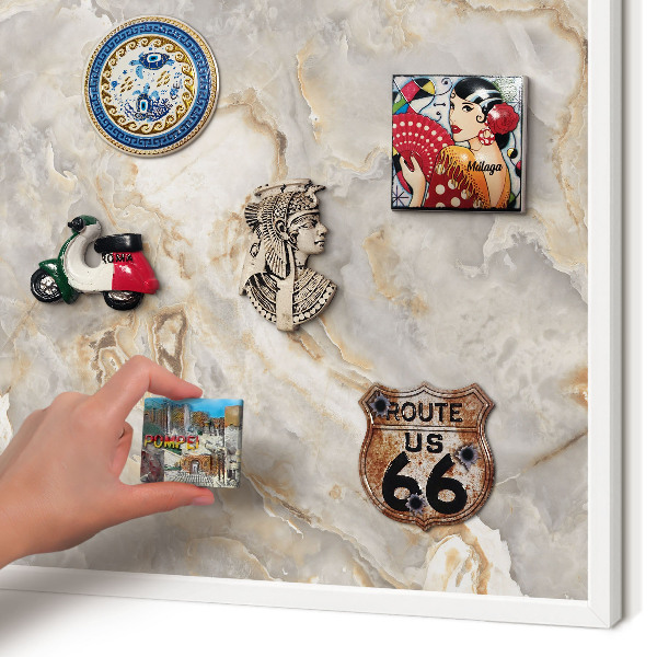 Magnetic board for travel magnets in a white frame Marble elegance