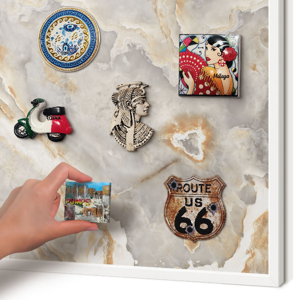 Magnetic board for travel magnets in a white frame Marble elegance