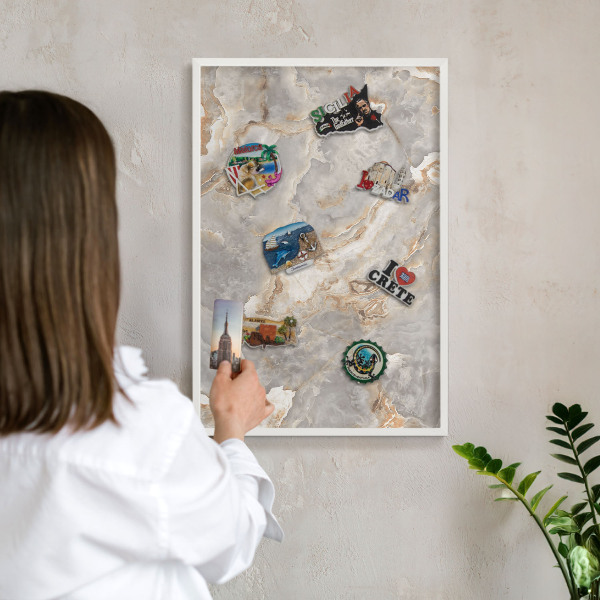 Magnetic board for travel magnets in a white frame Marble elegance