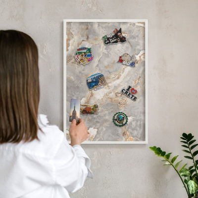 Magnetic board for travel magnets in a white frame Marble elegance