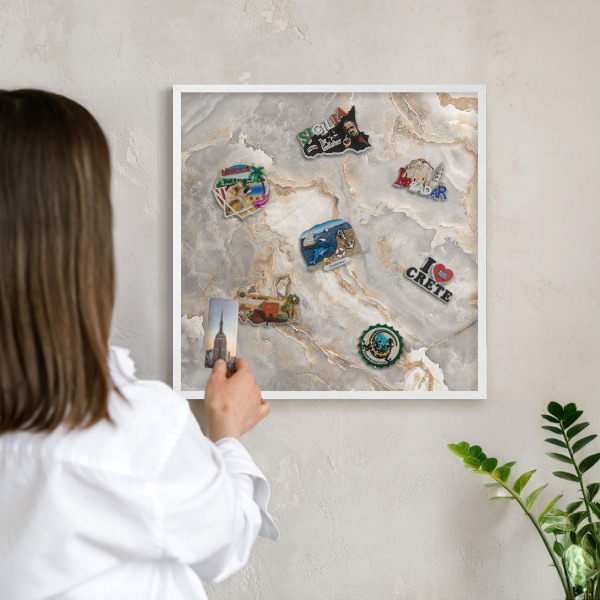 Magnetic board for travel magnets in a white frame Marble elegance